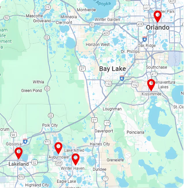 Dygo Electric service area map showing locations in Orlando, Kissimmee, Winter Haven, and Central Florida.