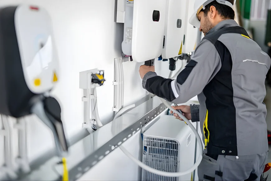 Electrician installing or servicing an electrical inverter and transfer switch system.