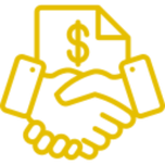 Transparent pricing icon: Handshake over contract with dollar sign.