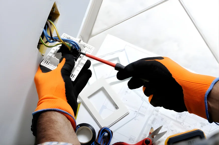 Electrician installing a residential or commercial light switch and electrical wiring.