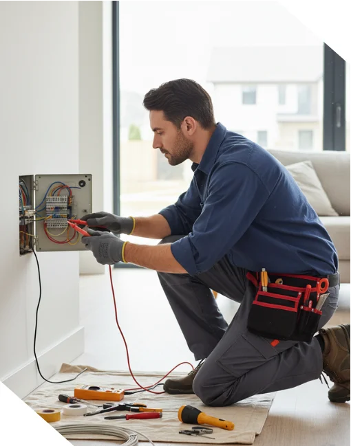 Electrician testing residential wiring inside a home circuit breaker panel.