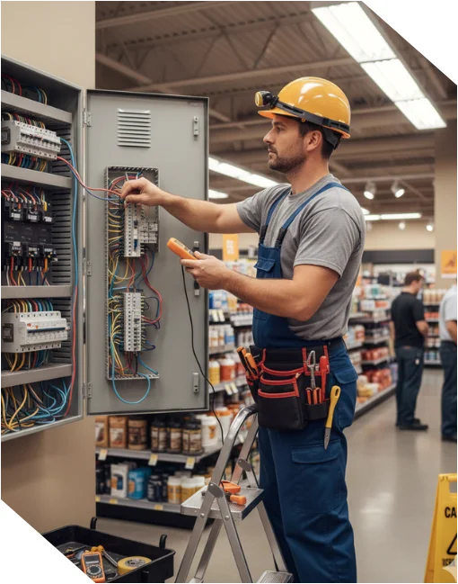 Electrician using multimeter to diagnose electrical panel in a commercial retail store.