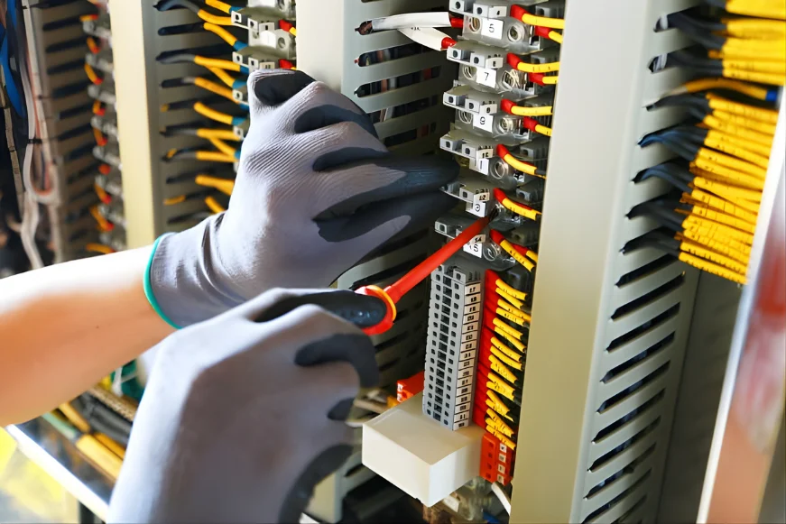 Close-up of technician wiring terminals inside an industrial automation control panel.