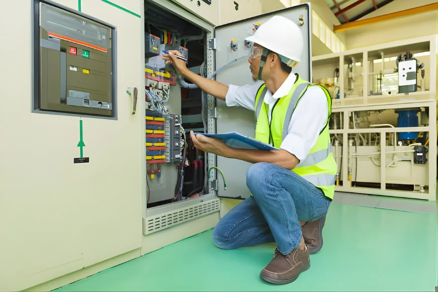 Engineer performing routine electrical inspection on an industrial switchgear panel.