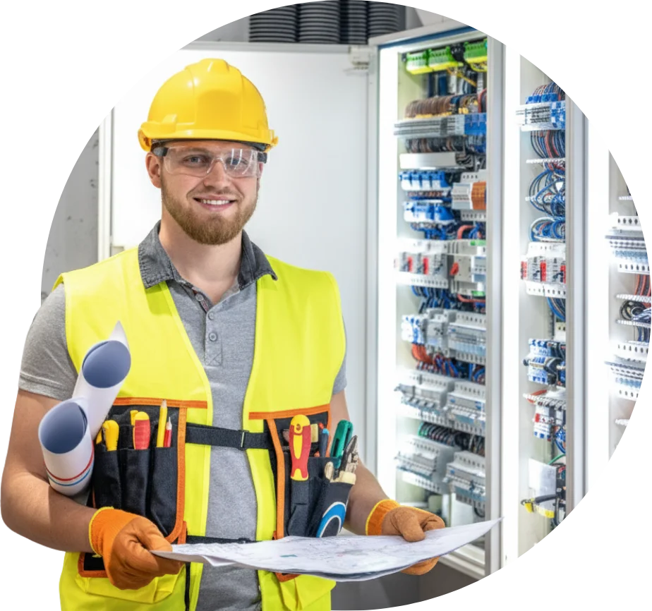 Smiling Dygo Electric technician holding blueprints in front of an industrial electrical control panel.