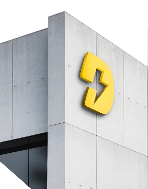 Dygo Electric company logo on the facade of a modern corporate building.