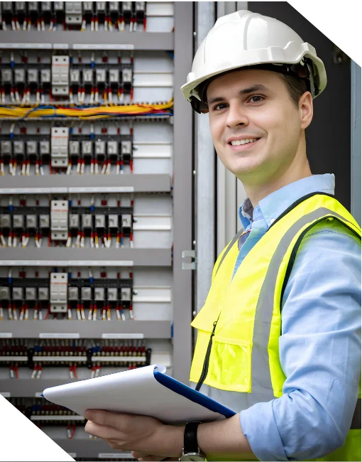 Smiling electrician holding a clipboard in front of a commercial electrical panel for inspection.